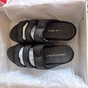 Chelsea & Violet black rhinestone embellished studded 3 band platform sandals